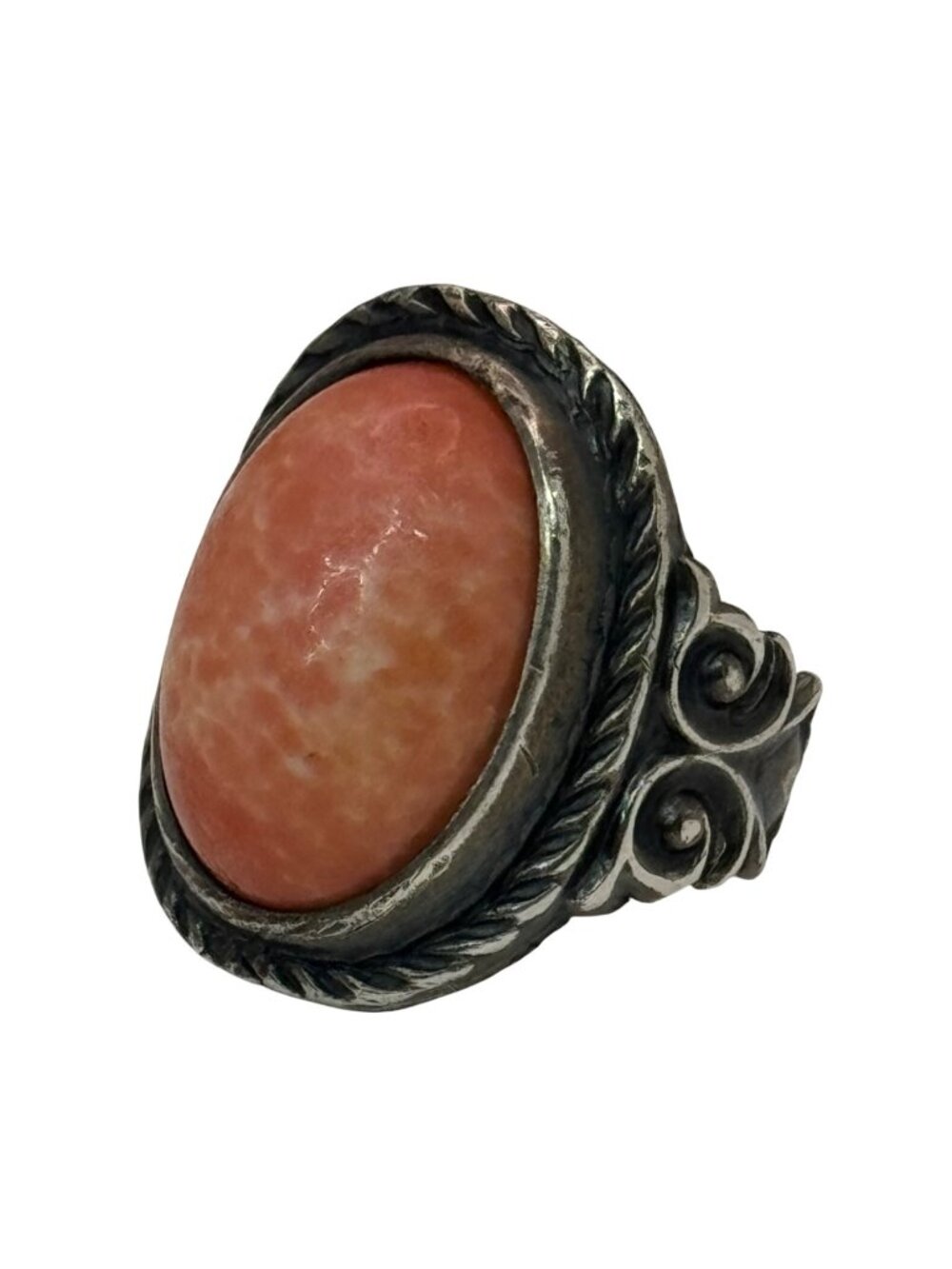 Spiny Oyster Sterling Silver Ring Oval Pink Cabochon Stone 4 Vintage Scrollwork